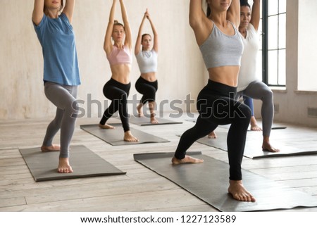 Group of sporty people practicing yoga, doing Warrior one pose, Virabhadrasana 1 exercise, working out, indoor close up, mixed race students training at sport club or yoga studio. Well being concept