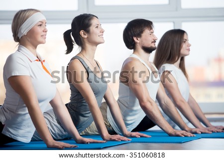 Fitness, stretching practice, group of four attractive smiling fit young people working out in sports club, doing Cobra posture, backbend exercise on blue mats in class