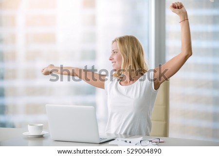 Young attractive woman at modern office desk, with laptop, stretching, getting a little exercise during the day, office workout, completing difficult task time for lunch. Business concept illustration