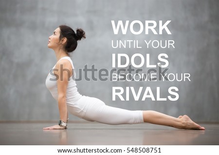 Fit woman doing yoga or pilates exercise. Fitness motivation quote with motivational text \