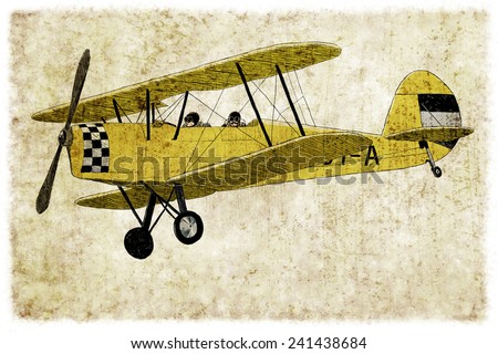 Digital vintage illustration of a yellow biplane