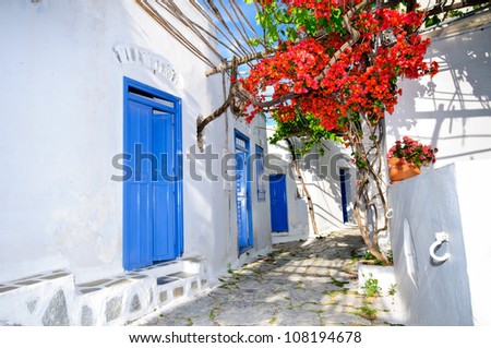 Quiet romantic small back street in an old Chora town on Amorgos island in Greece