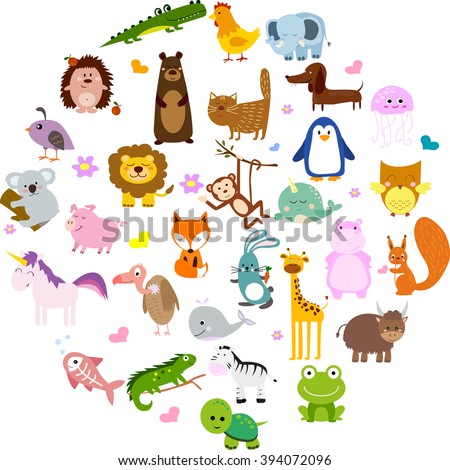 Vector illustration of cute animals and birds: alligator, Fox, giraffe, bear, cat, dog, elephant, frog, chicken, Zebra, turtle, rabbit, iguana, monkey, whale, unicorn, Koala, penguin