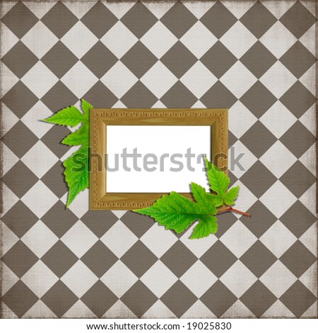 Simple scrapbook layout with wood frame green leaves and patterned background