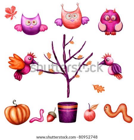 bird , tree, leaves, worm, pumpkin, bucket, acorn and apple in warm autumn colors isolated on white background