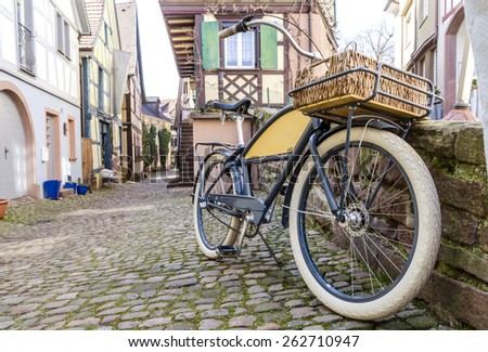 Bicycle standing on a city street. Bicycle on city background. European street. Germany.