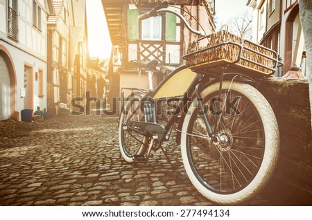 Bicycle standing on a city street. Bicycle on city background. European street. Germany.