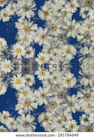 Floral (daisy flowers) digital kaleidoscopic, pattern collage, dark pastel painting style art work/background.