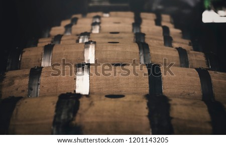 Whiskey barrels racked in a distillery, while aging the fine spirit.