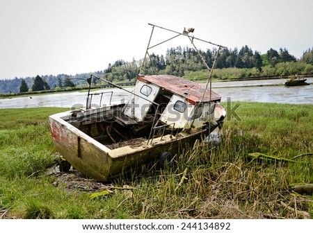 A shipwrecked boat on the Oregon coast.
