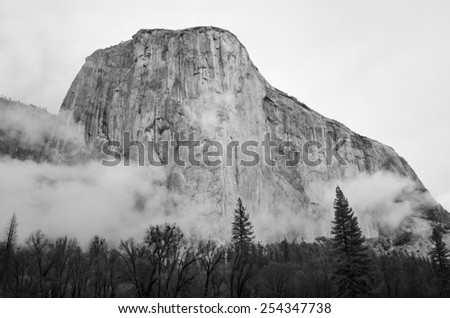 A black and white landscape of El Capitan in Yosemite National Park Ã¢Â?Â? taken from the valley floor.