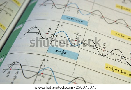 Trigonometry graphs, charts and equations with focus on only few lines - rest is blur by intention