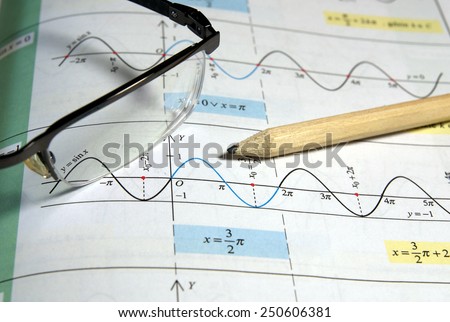 Math study for the exam set (book, pencil, glasses) - Background shows trigonometry formulas which have focus on only small part of the image to underline the subject - rest is blur by intention