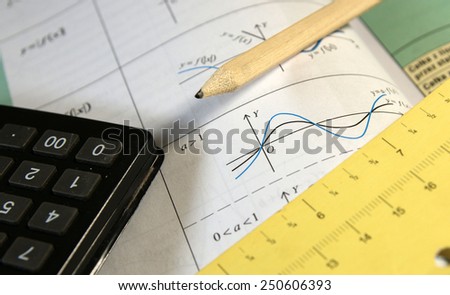 Math study for the exam set  (book, pencil, measure, calc) -Background shows trigonometry formulas which have focus on only small part of the image to underline the subject - rest is blur by intention