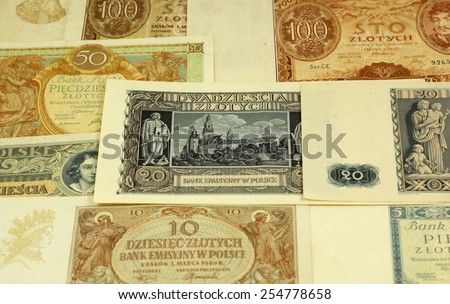 Historical Polish notes (1920 -1940). Text on the notes is the warning from the Polish bank- translation: 
