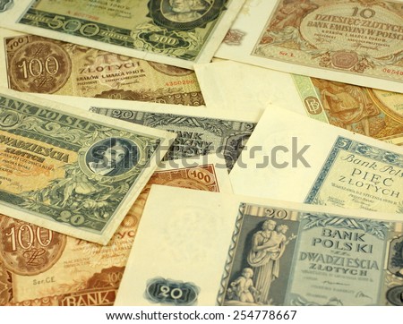 Historical Polish notes (1920 -1940). Text on the notes is the warning from the Polish bank- translation: \
