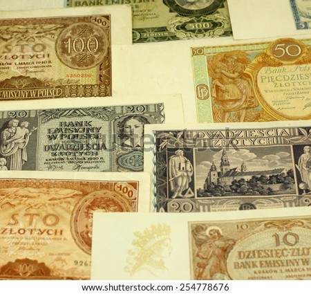Historical Polish notes (1920 -1940). Text on the notes is the warning from the Polish bank- translation: \