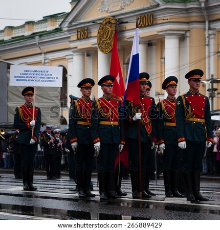 Saint Petersburg, Russia on may 27, 2012. Soldiers in dress uniform, marching on Nevsky Prospekt