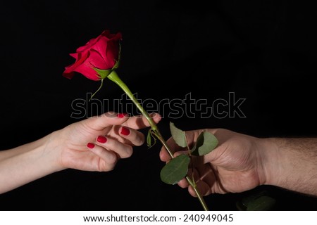 Man hand offering a red rose to a woman hand on black background