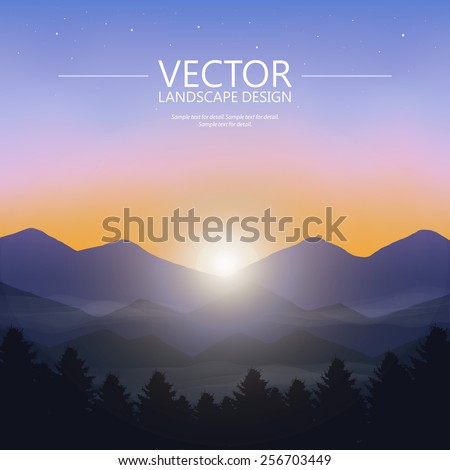 Blue mountain sunset with pine forest. Nature landscape vector background.