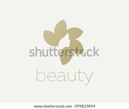 Beautiful woman\'s face flower star logo design template.  Hair, girl, sun negative space logotype. Abstract design concept for beauty salon, massage, magazine, cosmetic and spa. Premium vector icon.