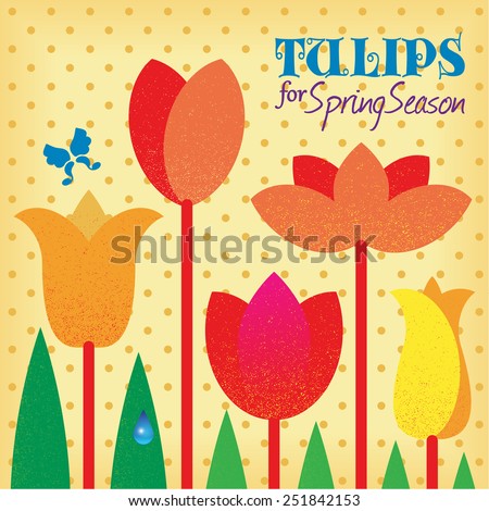 Vector retro stylized red tulips, spring flowers on polka dot background