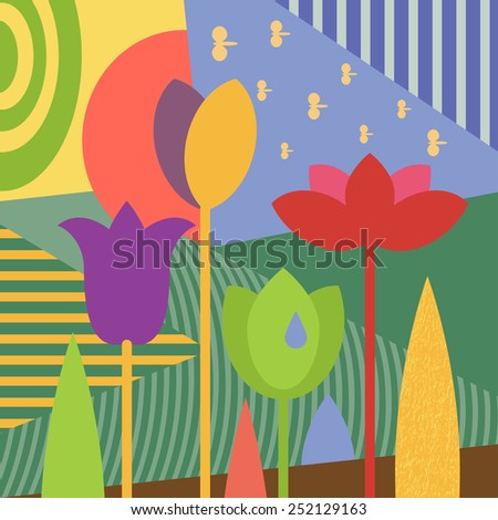 Vector abstract graphics stylized spring flowers tulips, multicolored flowerbed