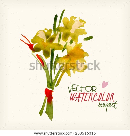 Vector watercolor spring flowers, yellow daffodils on soft grained background