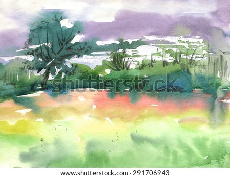 Landscape watercolor colorful sketch with trees and field