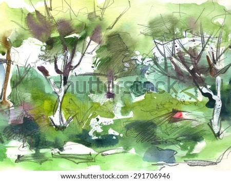Landscape watercolor colorful sketch trees garden