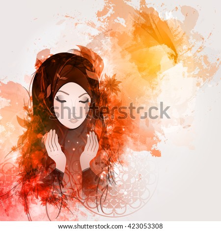 Abstract illustration of girl reads a prayer, a Muslim, Islam.