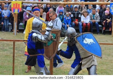 Minsk, Belarus - September, 12, 2015: Knights\' tournament during the International medieval festival Novogrudok Castle on Septemer 12, 2015 in Minsk, Belarus.