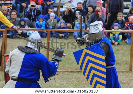 Minsk, Belarus - September, 12, 2015: Knights\' tournament during the International medieval festival Novogrudok Castle on Septemer 12, 2015 in Minsk, Belarus.