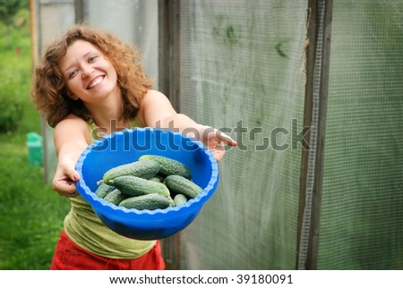 Young woman with crop of cucumbers in garden (focus on cucumbers)