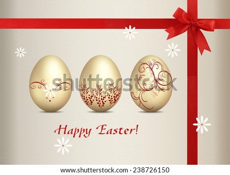 Easter greeting card with golden eggs decorated with red accents and ribbon.