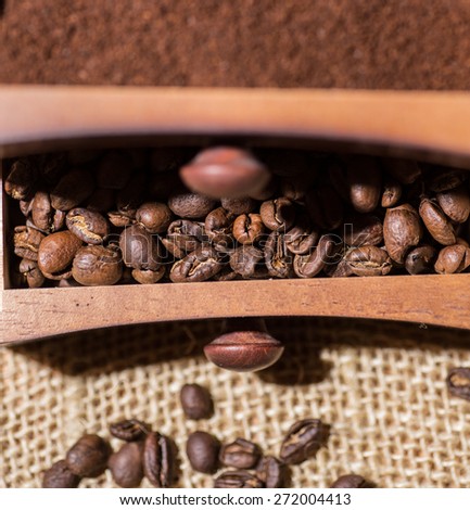 coffee beans, ground coffee, old wooden