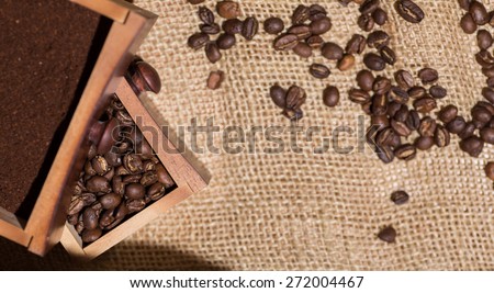 coffee beans, ground coffee, old wooden coffee