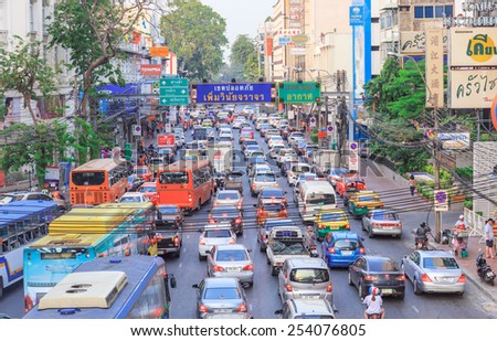 BANGKOK - FEB , 19 : The traffic on the road in the city in busy time that \'s very crowded . So many car struck on the road for long way and long time too . THAILAND FEB,19 2015