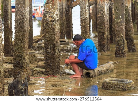 CHONBURI - MAY,10 : He find the sea shells under the bridge pole when the water run down. There are many kind of sea animals here. THAILAND MAY,10 2015