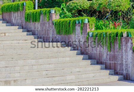 cement stairs outdoor decorated by green leaves in public park