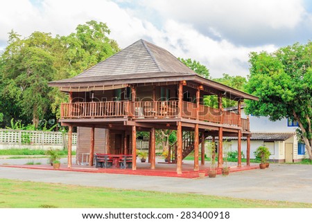 teak wood house in Thai style nature backgrond