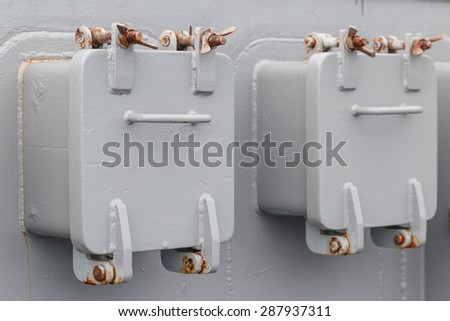 iron box of ventilator close up in line on board of navy ship