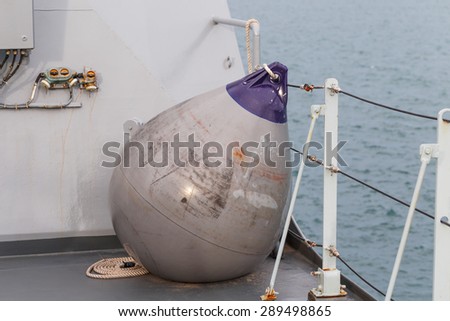 SATTAHEEP CHONBURI -JUNE,22: The rubber fender  is preparing on board of navy ship. This equipment is necessary when the ship come into the port.THAILAND JUNE,22 2015