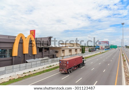 CHONBURI-JULY,29: MCDONALD at Motorway Rest Area where located middle way to PATTAYA town. It is the good place for tourist when want to find some drink.THAILAND JULY,29 2015