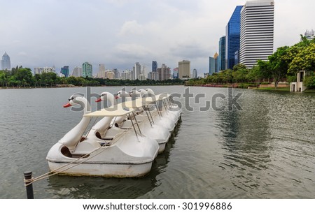 BANGKOK - AUG,1 : Cityscape of Benjakitti park city downtown.Benjakitti Park is located in the heart of Bangkok near business area and hotel . Water cycle in swan shape are nice .THAILAND AUG,1 2015