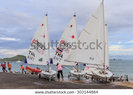 SATTAHIP CHONBURI- AUGUST,5 : The group of sailor finished training sailing in the sea at Sattaheep bay that prepare for next regatta competition.THAILAND  AUGUST,5 2015.