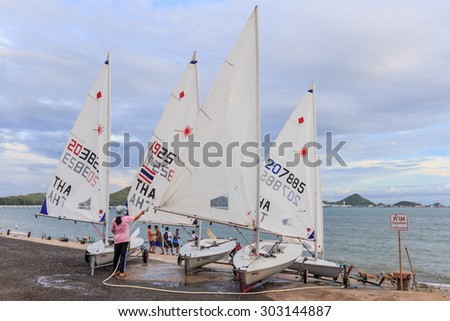 SATTAHIP CHONBURI- AUGUST,5 : The group of sailor finished training sailing in the sea at Sattaheep bay that prepare for next regatta competition.THAILAND  AUGUST,5 2015.