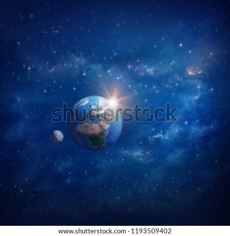 Planet Earth in outer space, sunrise and moon. Star clusters, constellations and galaxies far away behind - Elements of this illustration furnished by NASA.
