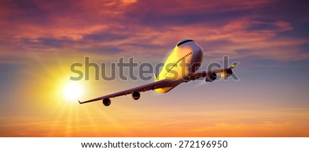Summer air travel. Airplane flight in a high resolution summer sun background