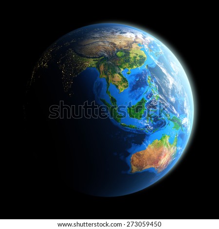Planet Earth isolated on black. Detailed picture of the Earth, view of Asian and Australian continent. Elements of this image furnished by NASA